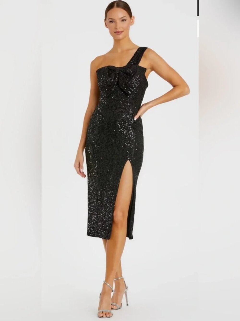 Mac Duggal Ieena Black One-Shoulder Sequin Midi Dress w/Bow-New! Size 0